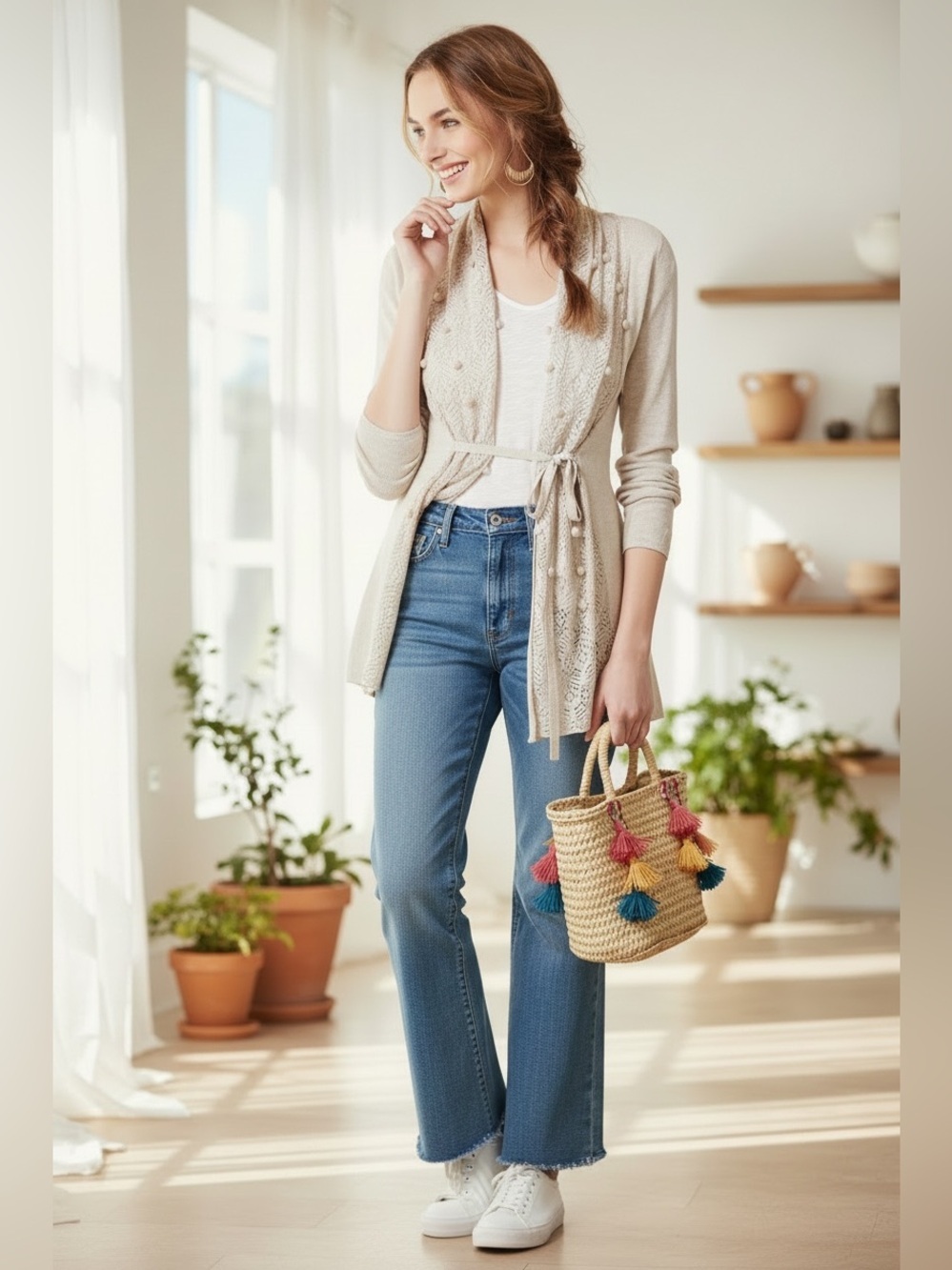 Anthropologie Knotted & Knitted Cream Cardigan Belted Knit Sweater Pom Pom XS
